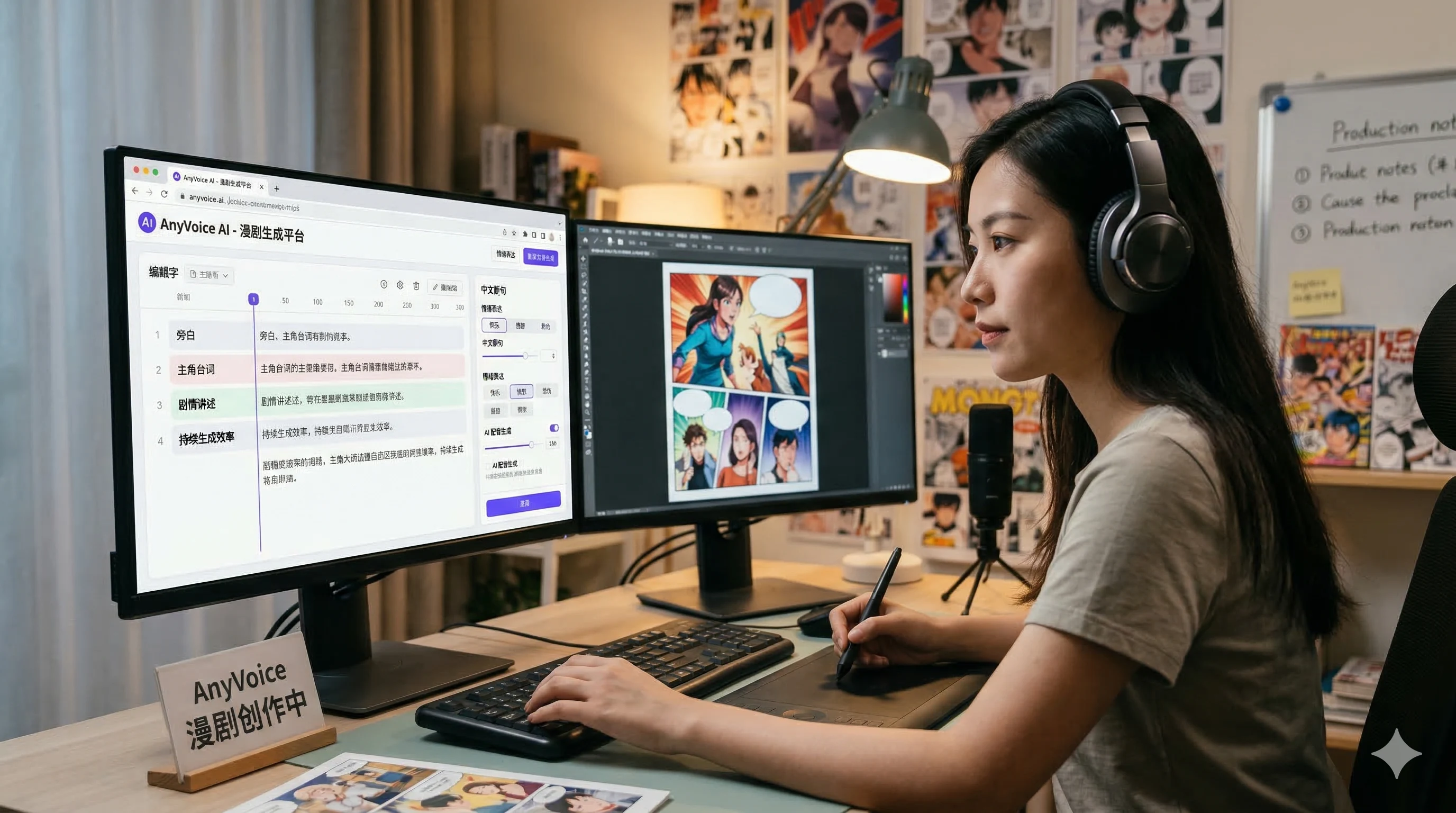创作者在双屏电脑前制作漫画分镜，使用 AnyVoice 完成 AI 漫剧台词与旁白配音
