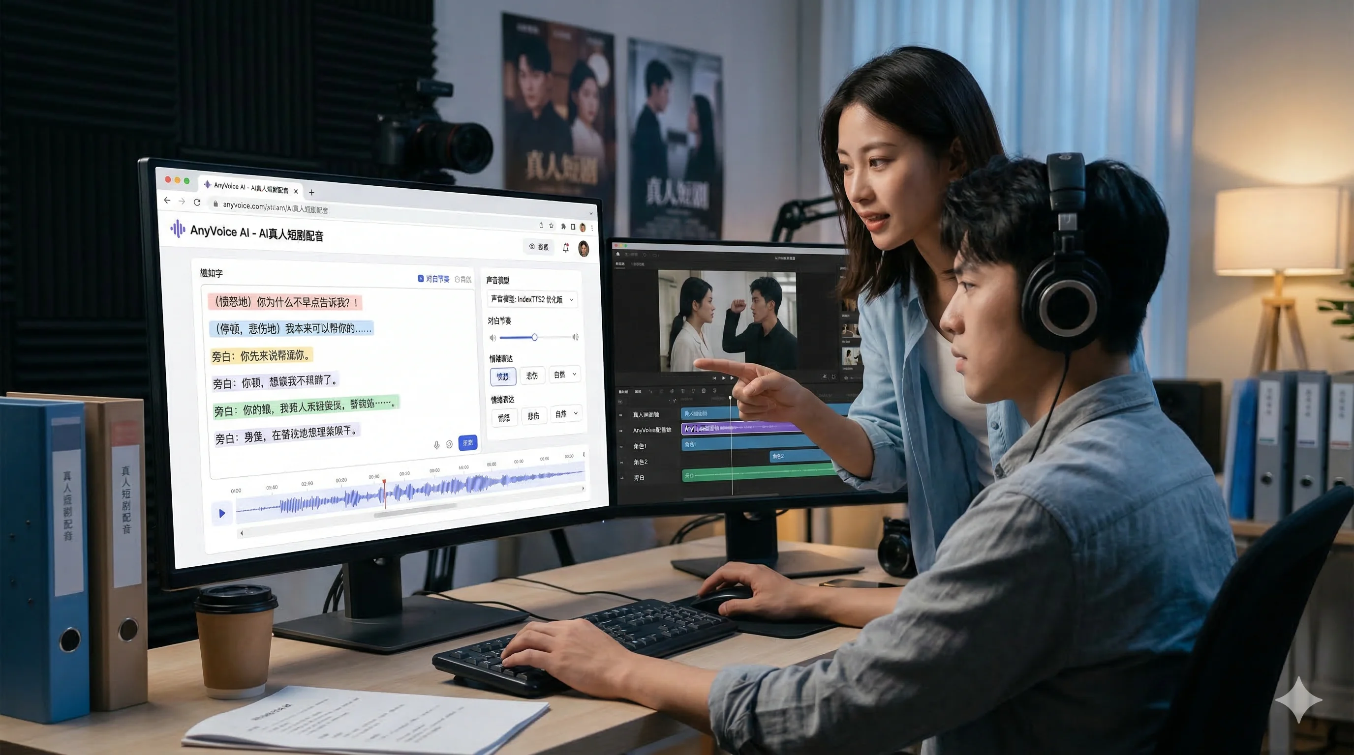 内容团队在剪辑台前调整对白与时间轴，借助 AnyVoice 处理 AI 真人短剧配音