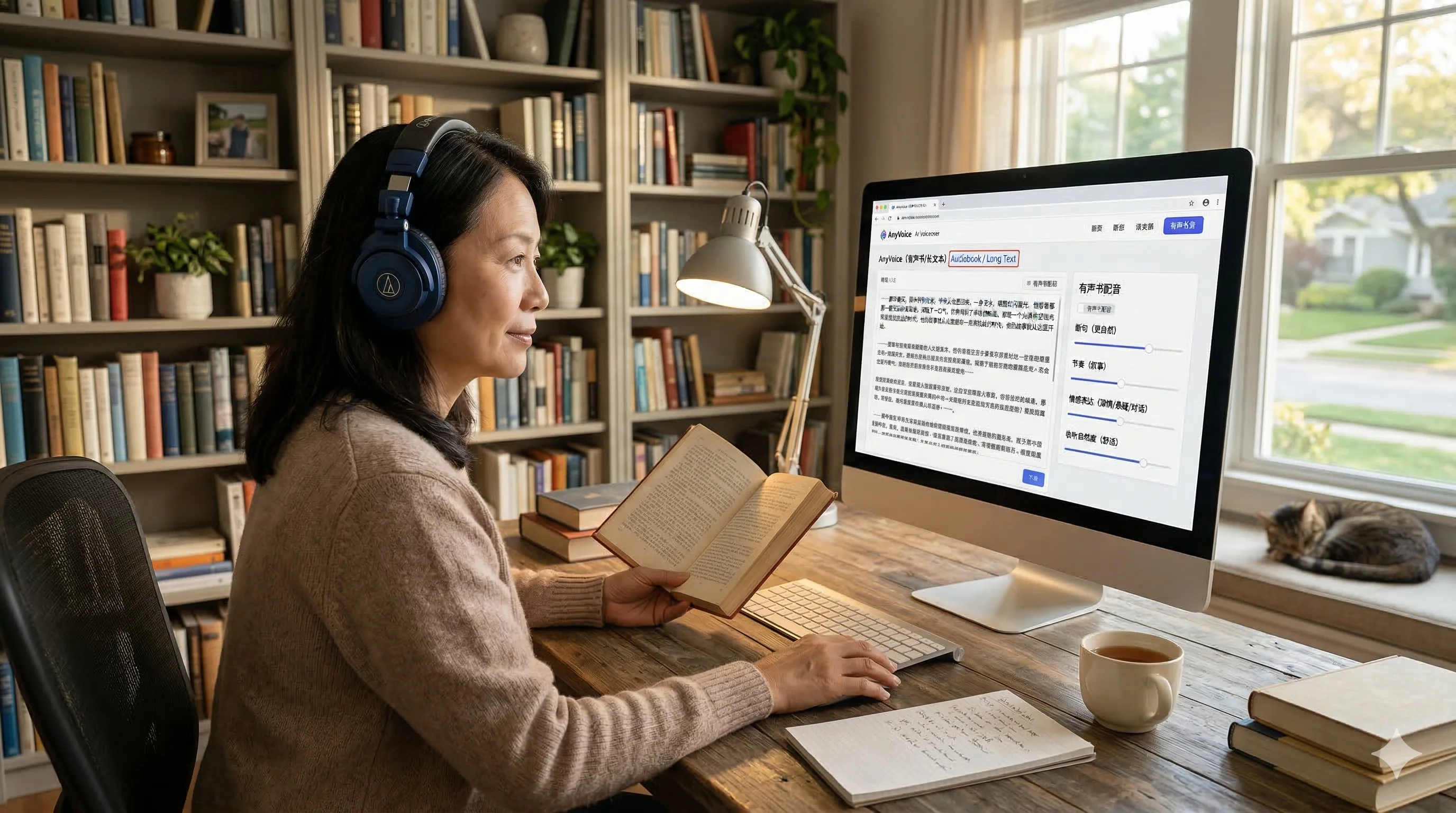 用户在书房边读文本边操作电脑，使用 AnyVoice 进行有声书配音与长文本 AI 配音