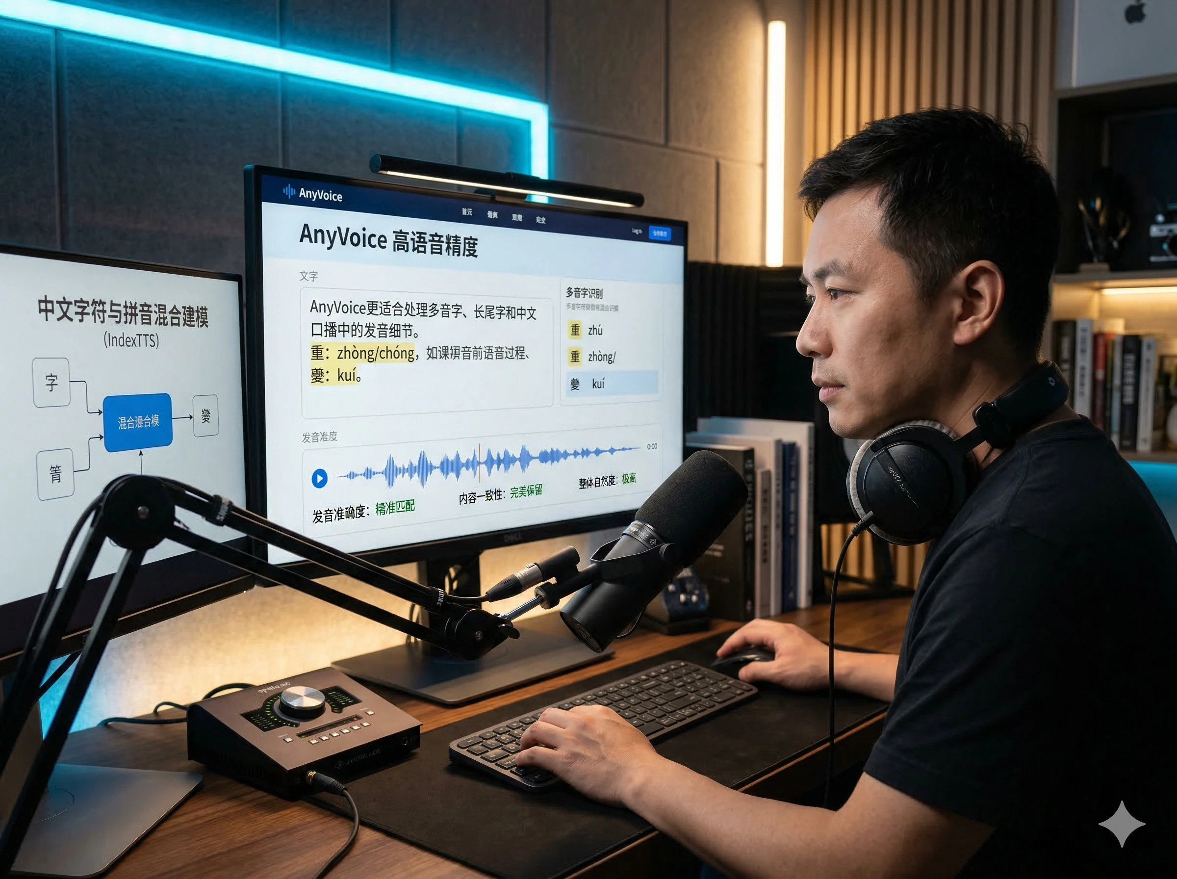 创作者在录音工作台使用 AnyVoice 查看高语音精度界面，处理中文多音字与发音细节