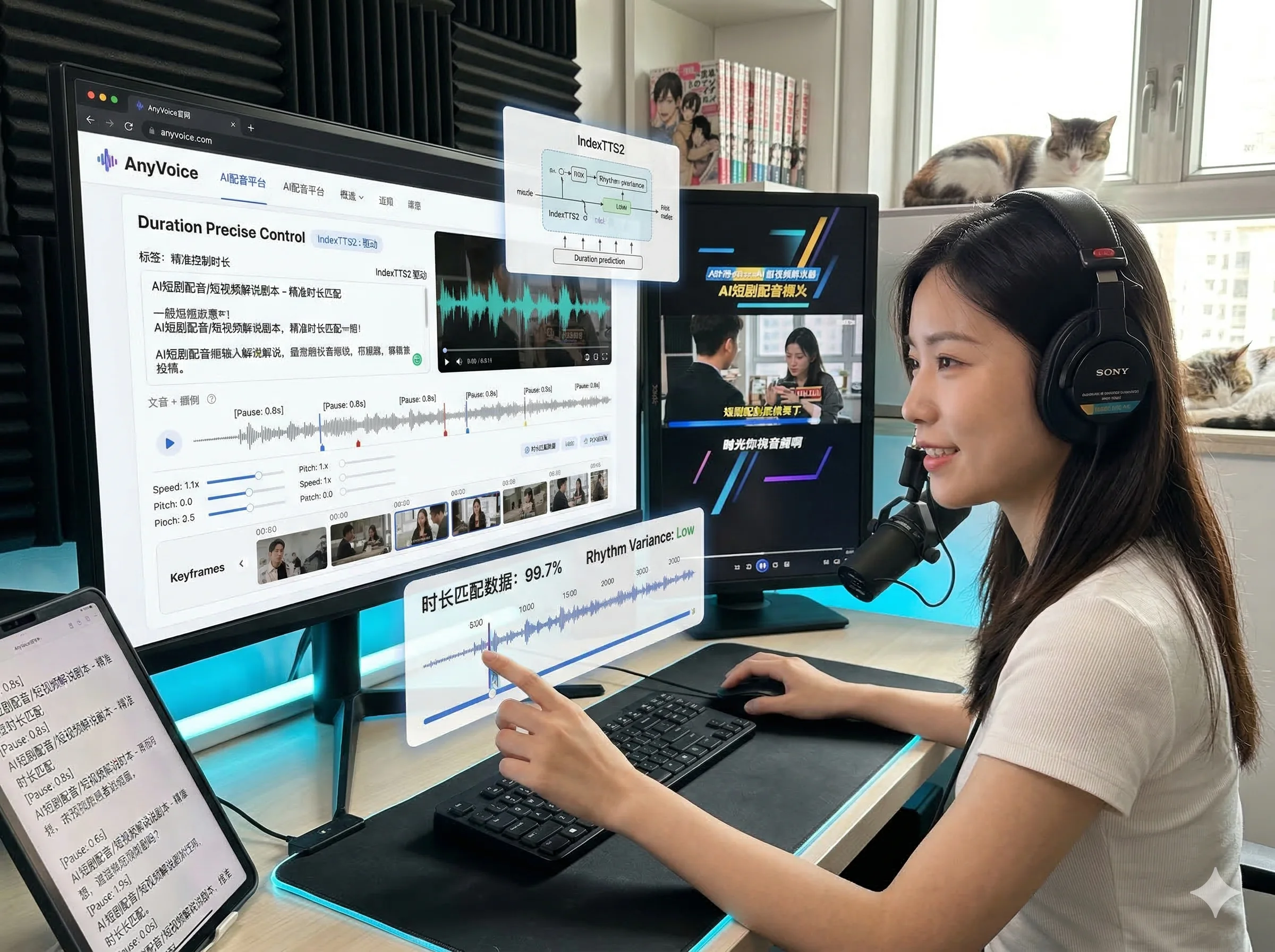 创作者在双屏工作台使用 AnyVoice 精准控制时长，为 AI 真人短剧配音匹配节奏