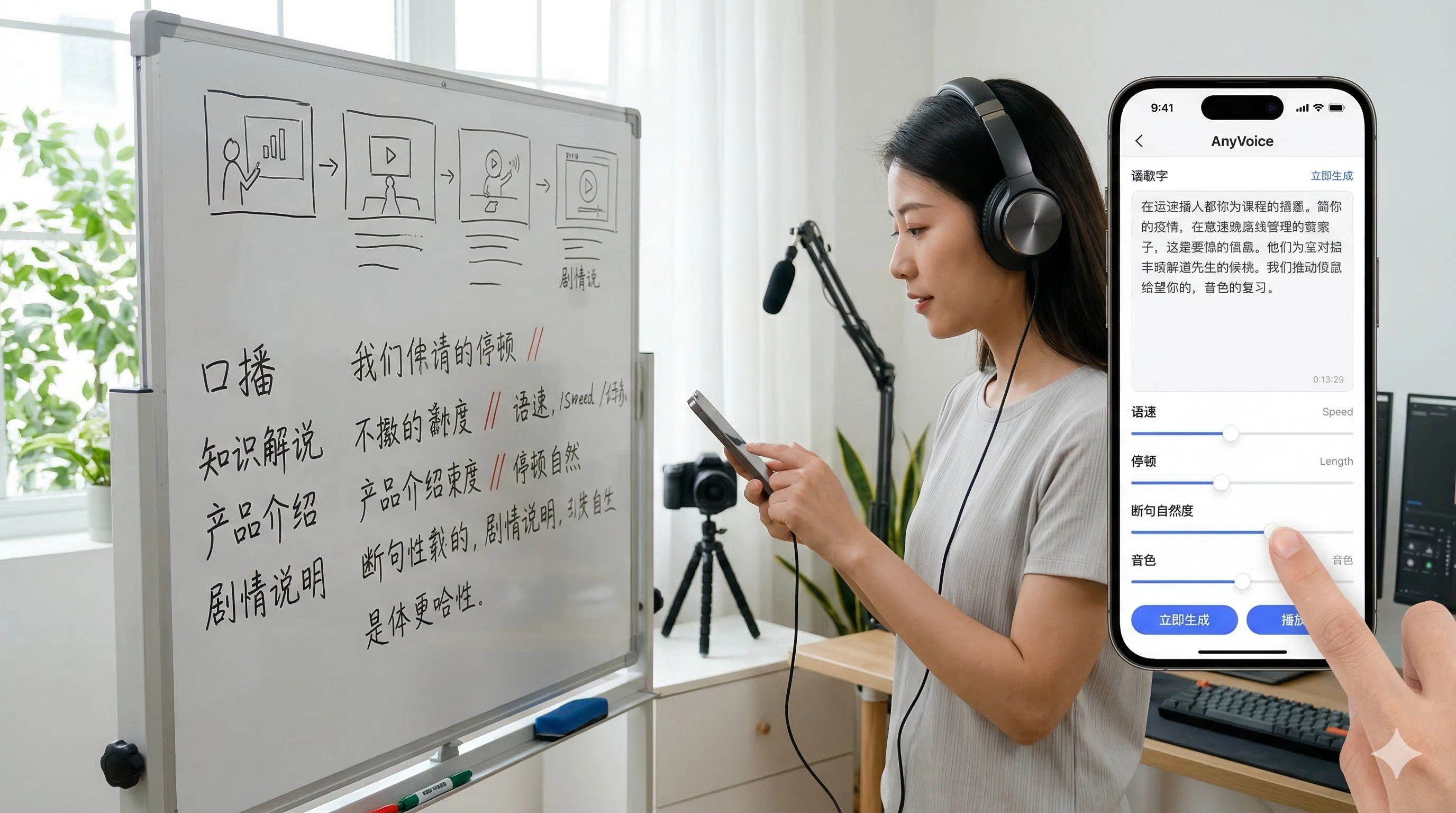创作者在白板前整理口播脚本，通过 AnyVoice 进行短视频配音与中文 AI 配音生成