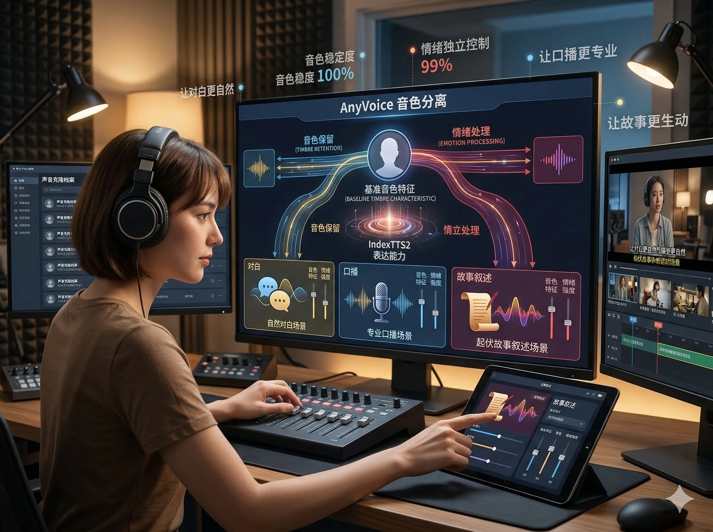 创作者在录音室使用 AnyVoice 音色分离功能，分别调节音色与情绪生成中文 AI 配音